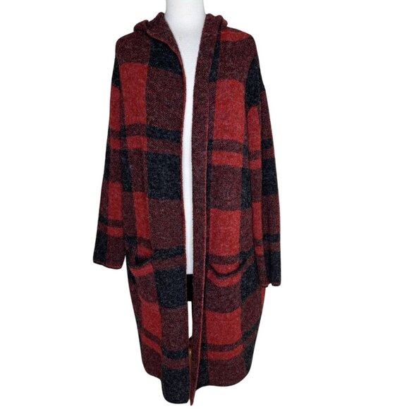 Natural Reflections Red & Black Hooded Plaid Cardigan Coat Duster, Soft, Size 1X - Picture 1 of 5
